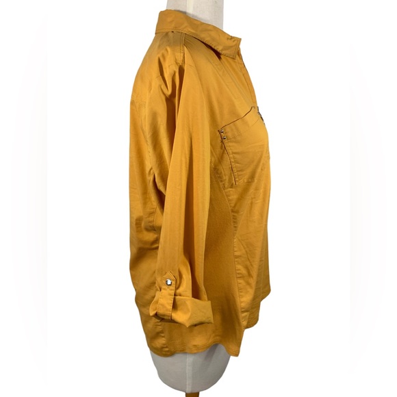 Zac & Rachel 3/4 Sleeve Blouse Zipper Front Collar EUC Gold Two Pockets Size LP - Picture 2 of 16